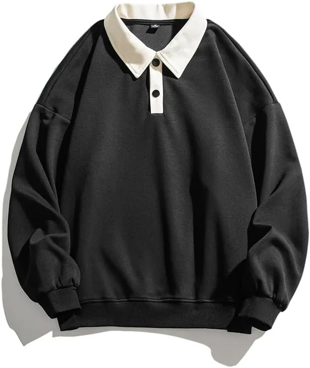 Men's Long Sleeve Polo Shirts Y2k Trendy Casual Collared Pullover Loose Fit Japanese Basic Lightweight Clothes