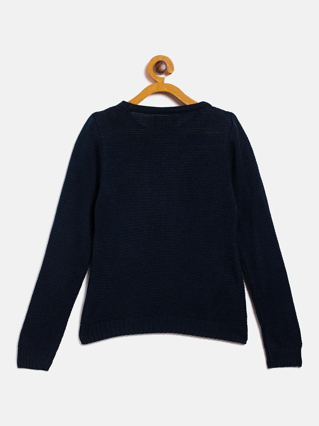 Navy Blue Embroidered Round Neck Sweater