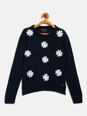 Navy Blue Embroidered Round Neck Sweater