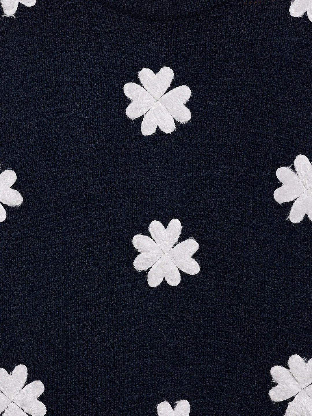 Navy Blue Embroidered Round Neck Sweater