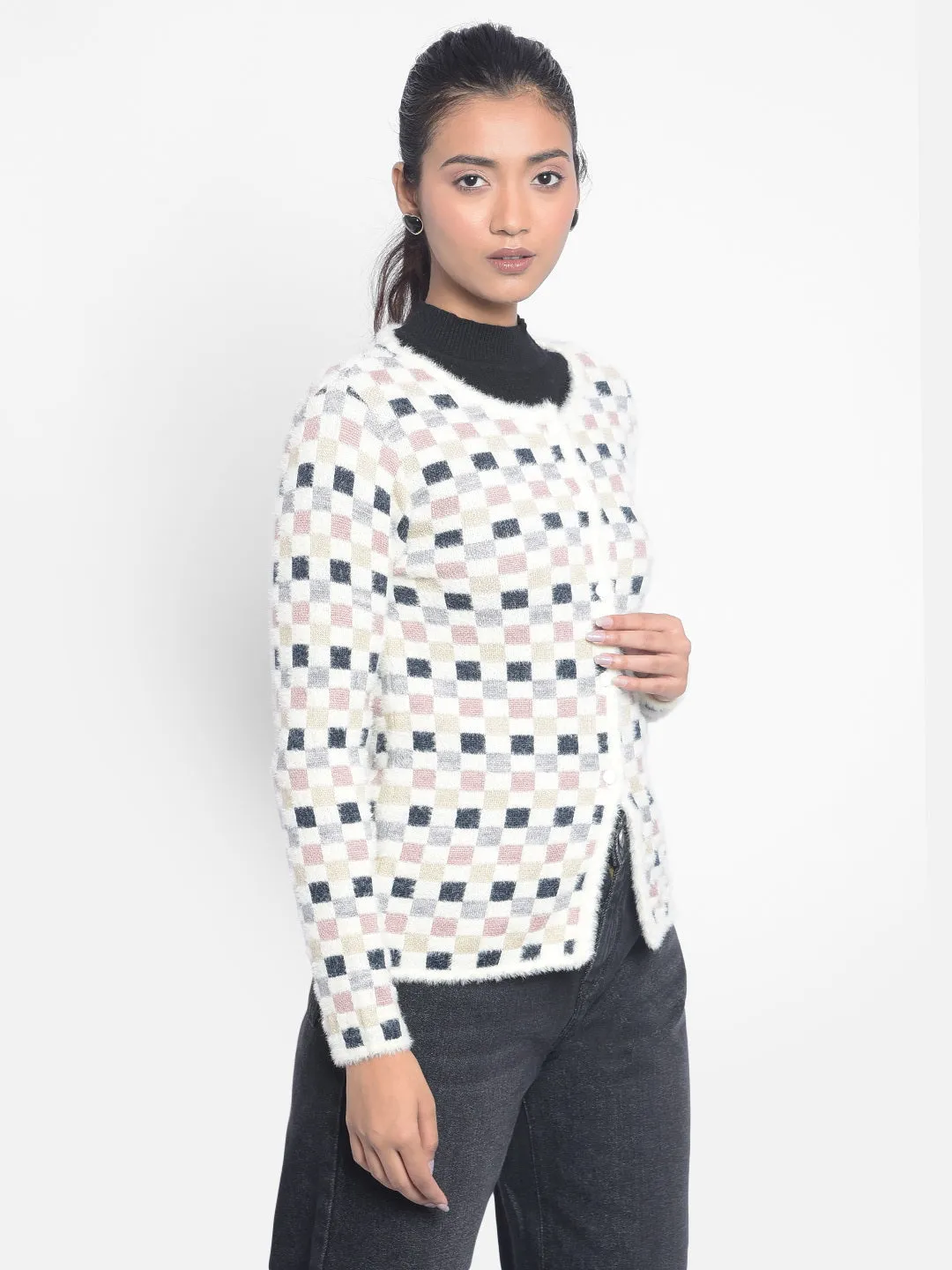 Off White Checked Cardigan