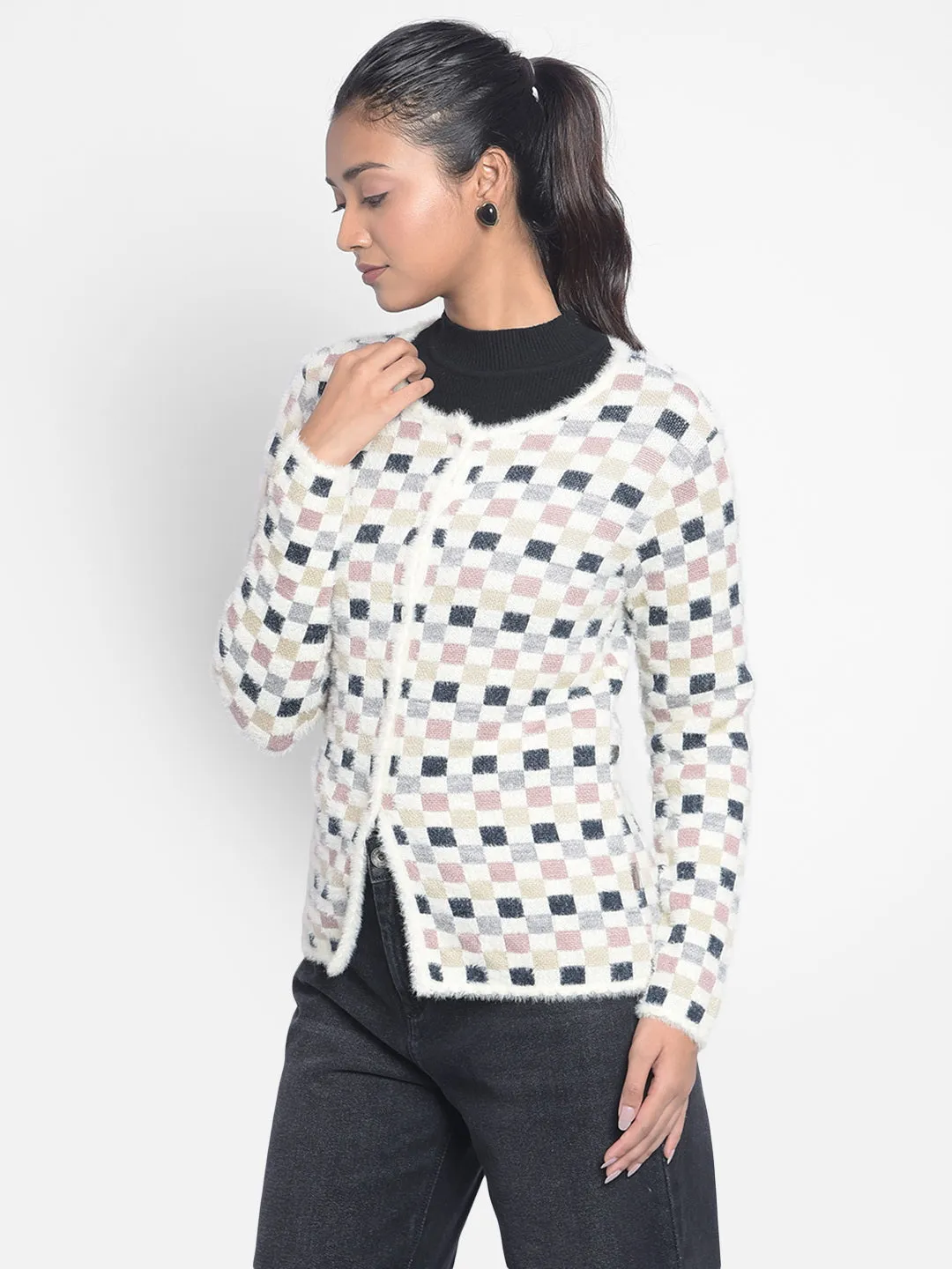 Off White Checked Cardigan