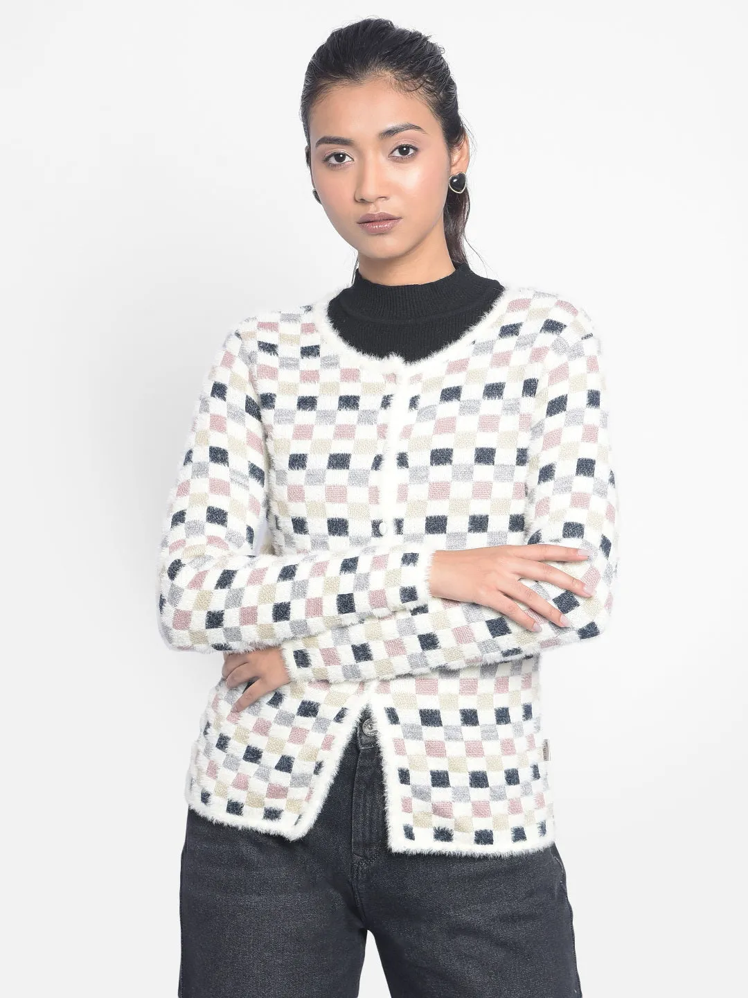 Off White Checked Cardigan