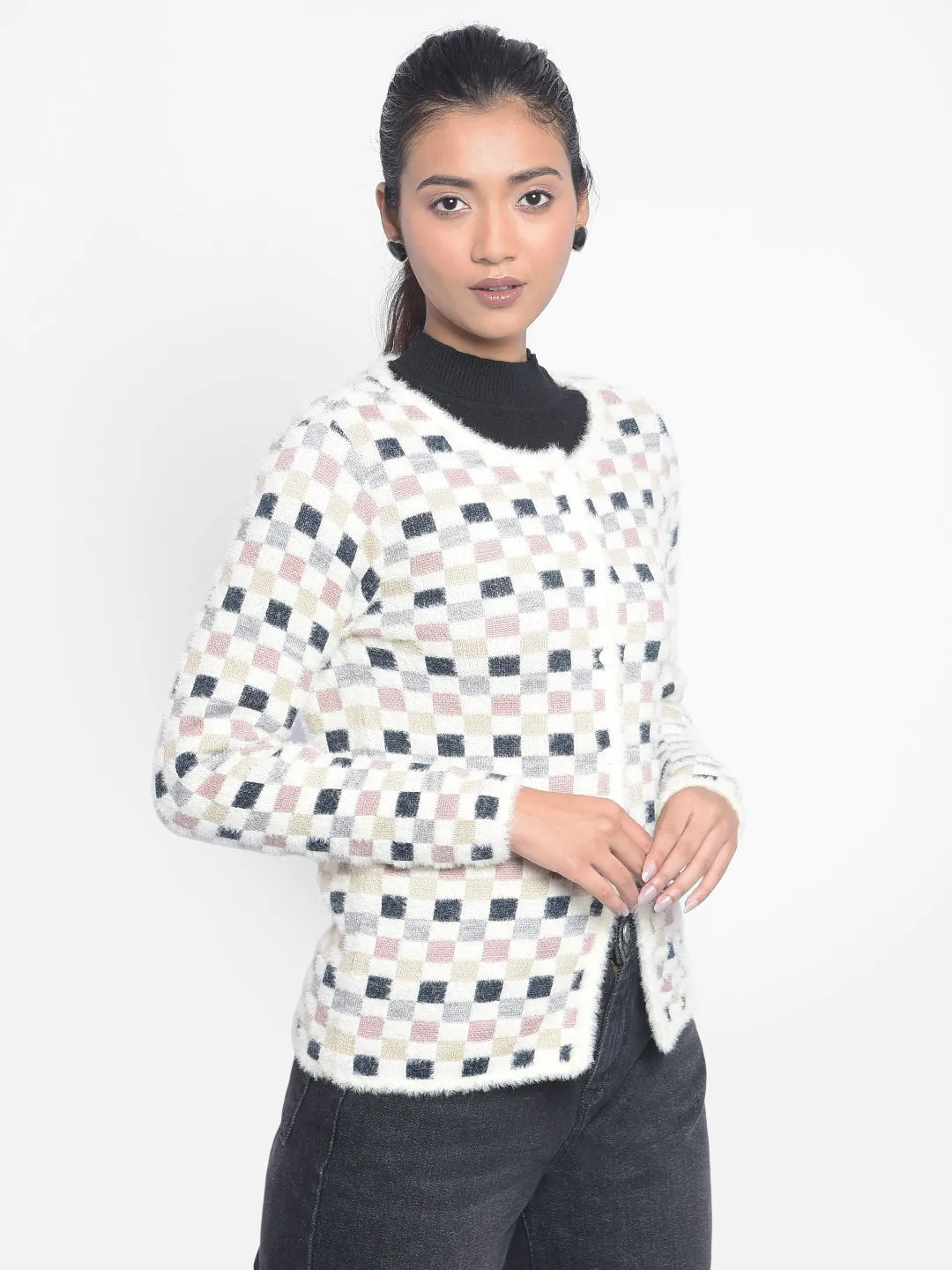 Off White Checked Cardigan
