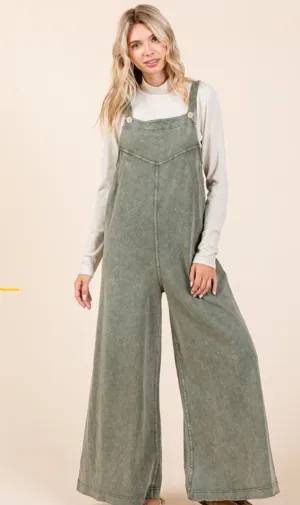Olive Grove Wide-Leg Overalls