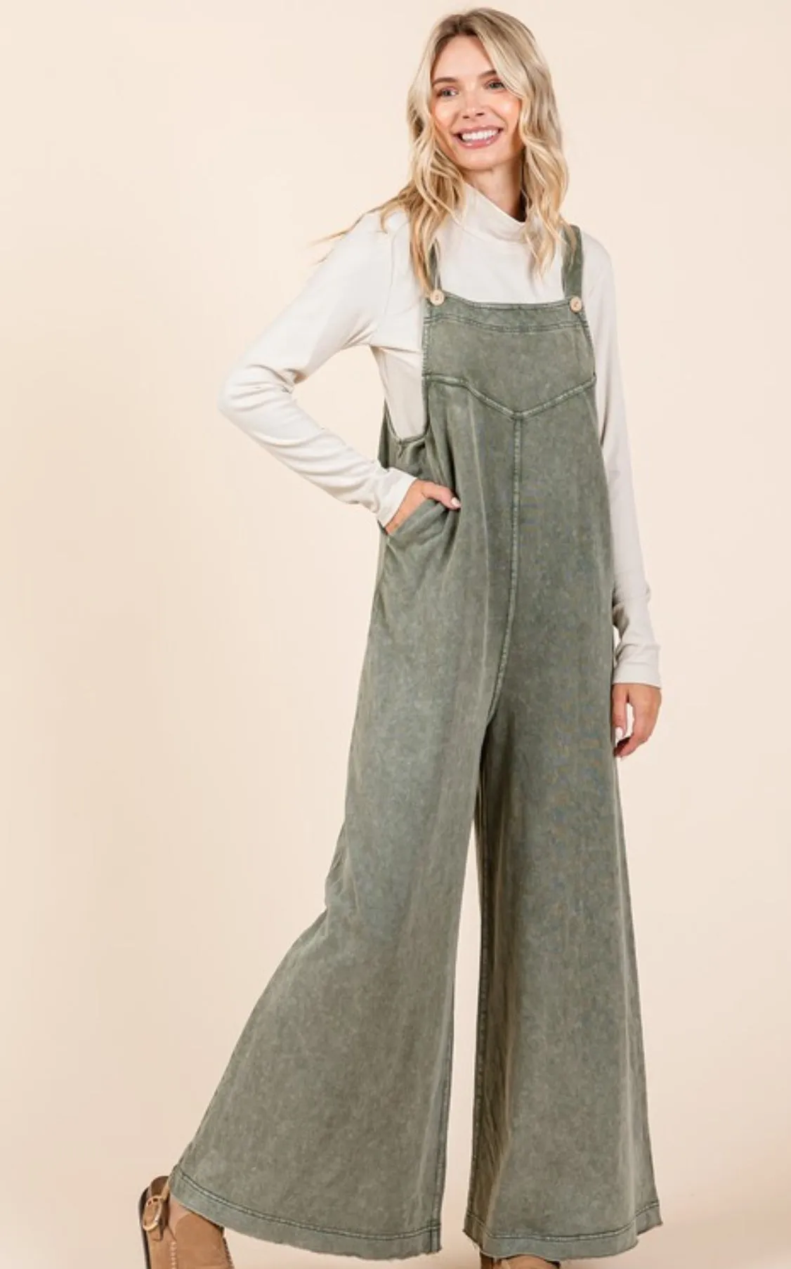 Olive Grove Wide-Leg Overalls