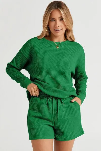 Outdoor Chic Crew Neck Sweatshirt and Shorts Set