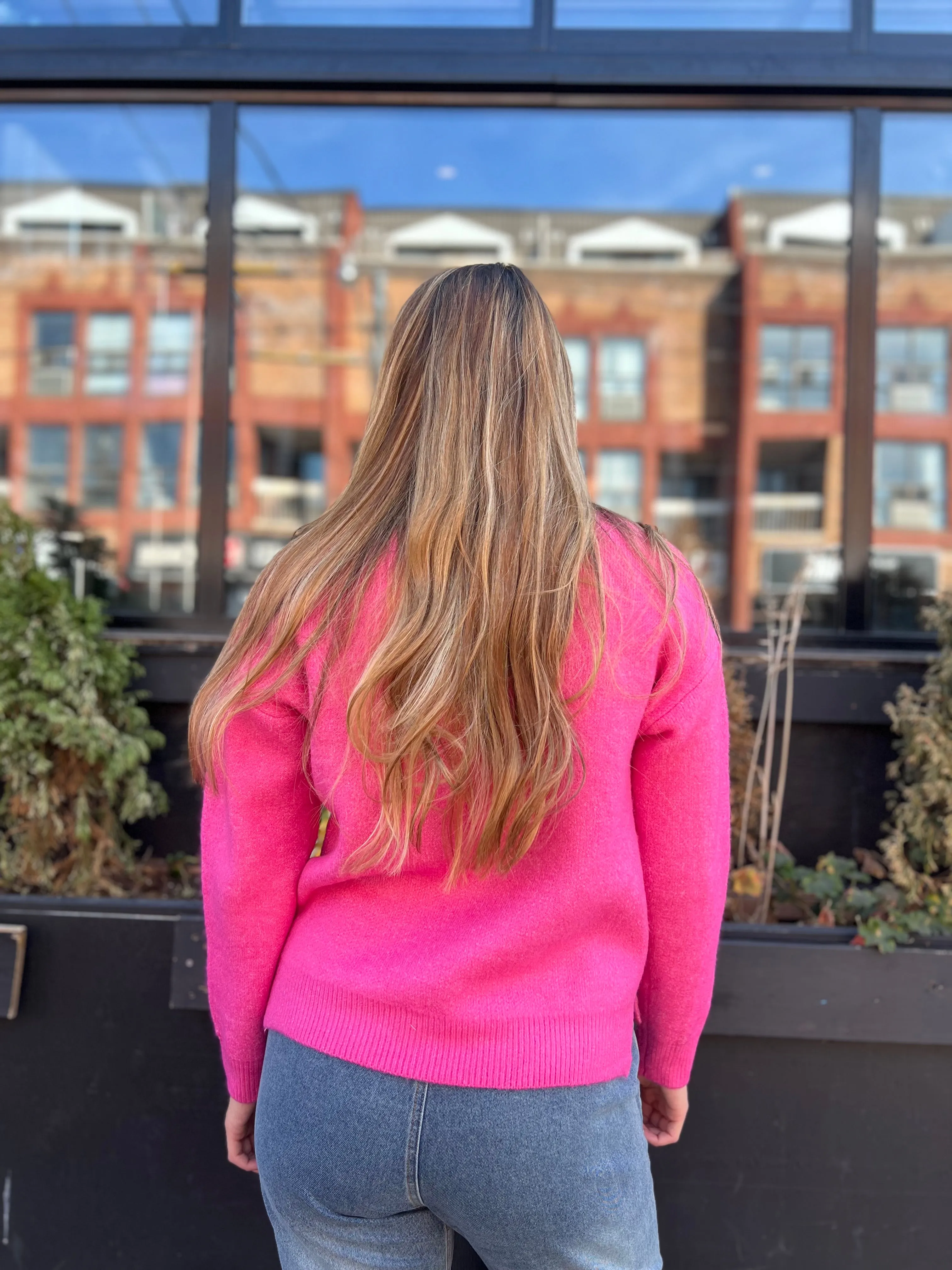 PINK HAPPY FACE DEBUT CREW SWEATER