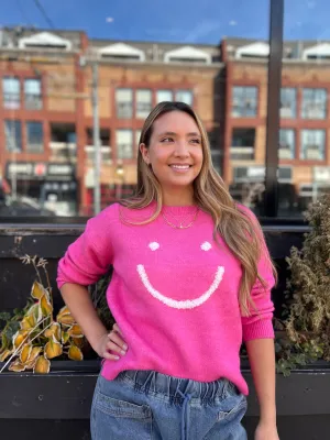 PINK HAPPY FACE DEBUT CREW SWEATER
