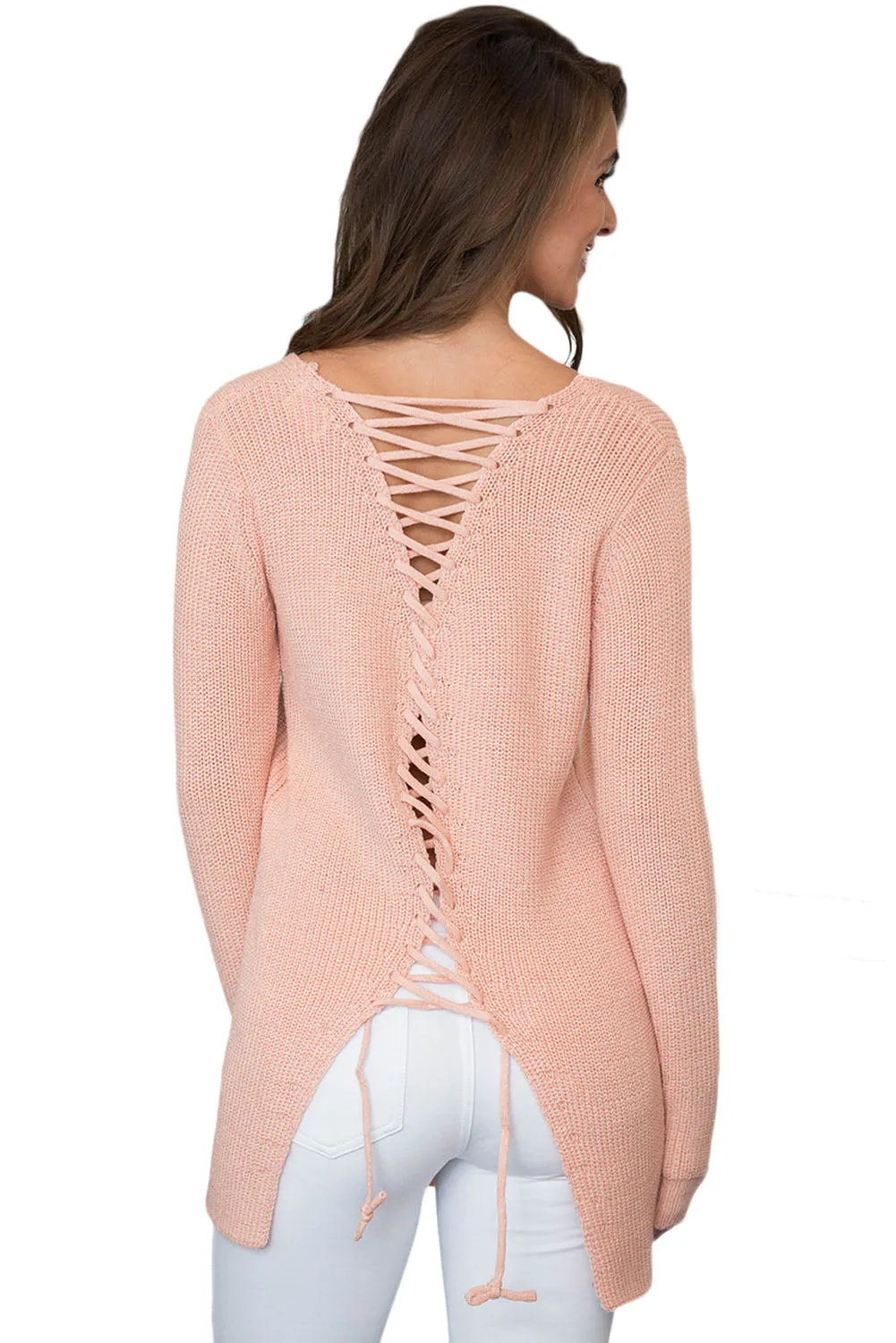 Pink Never Look Back Lace Up Sweater