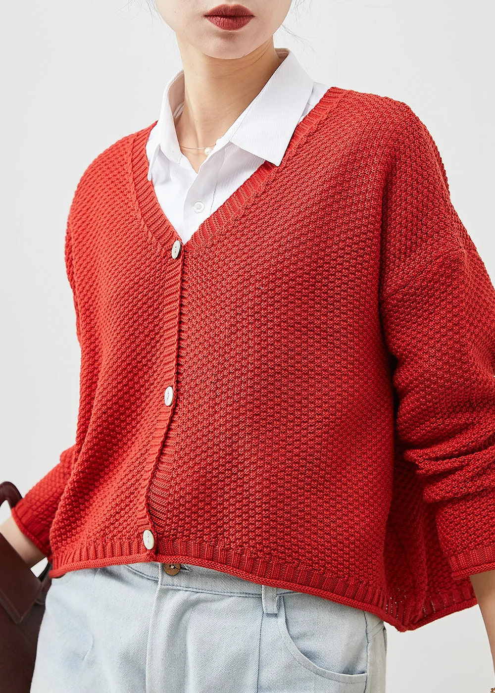 Plus Size Red Button Down Knit Loose Cardigan Spring YU1038