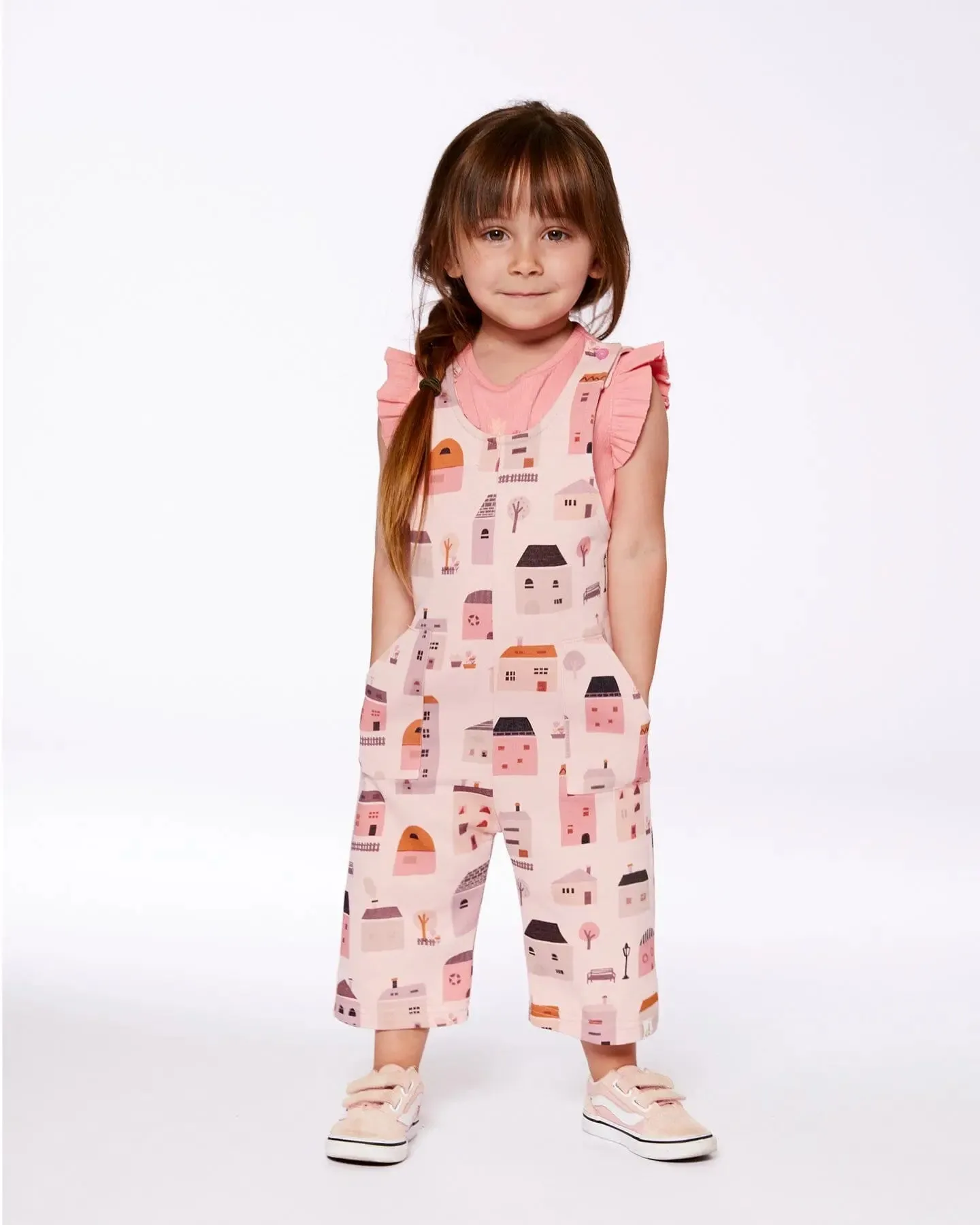 Printed French Terry Overalls Pink And Coral Houses