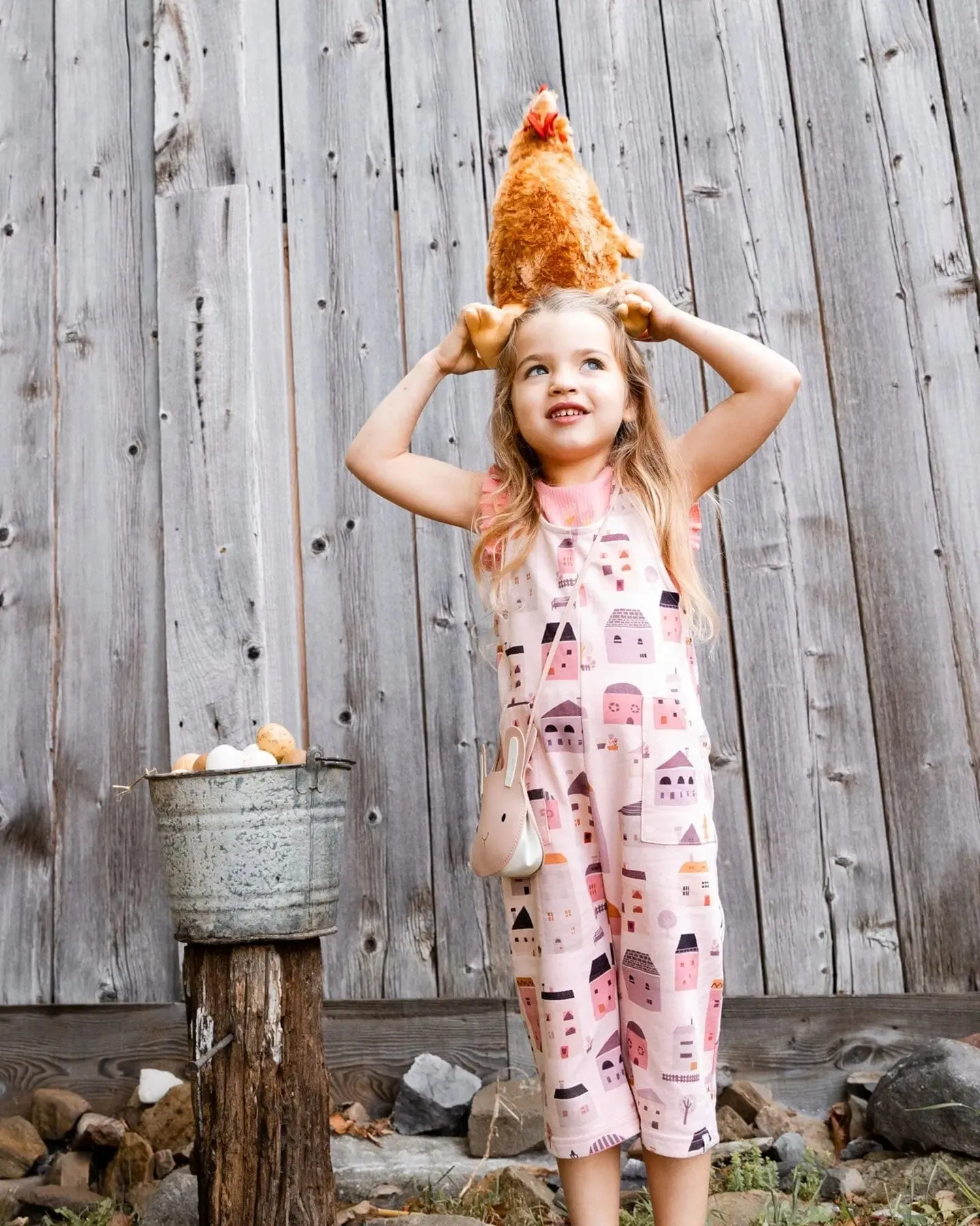 Printed French Terry Overalls Pink And Coral Houses