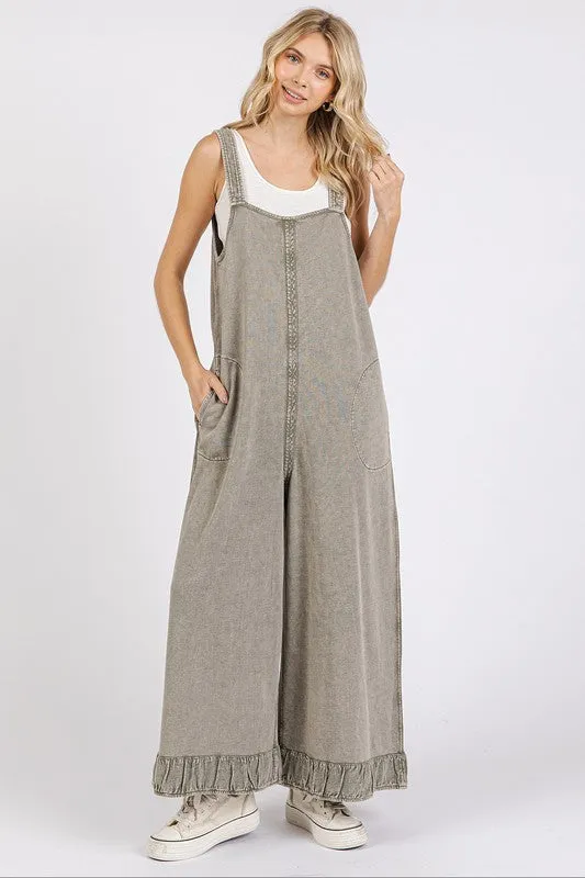Ruffled Hem Wide Leg Overalls with Pockets