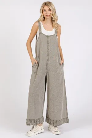 Ruffled Hem Wide Leg Overalls with Pockets