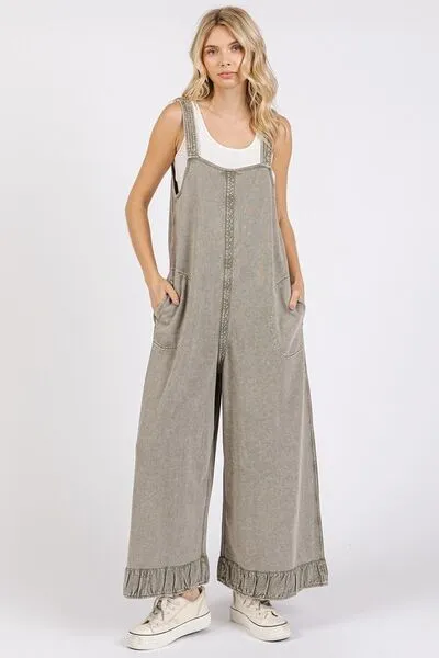 Ruffled Hem Wide Leg Overalls with Pockets