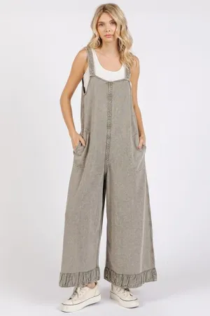 Ruffled Hem Wide Leg Overalls with Pockets