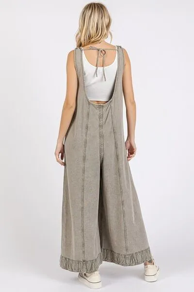 Ruffled Hem Wide Leg Overalls with Pockets