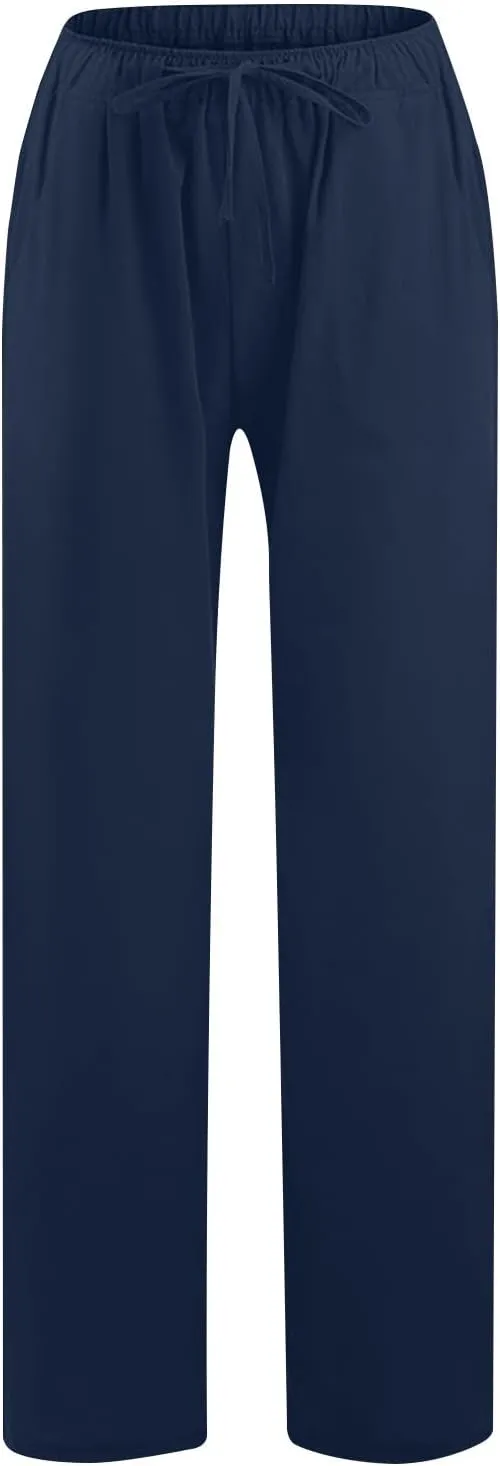 Ruziyoog Womens Cotton Linen Palazzo Pants Drawstring Elastic Waist Casual Wide Leg Beach Pants Summer Loose Fit Trousers