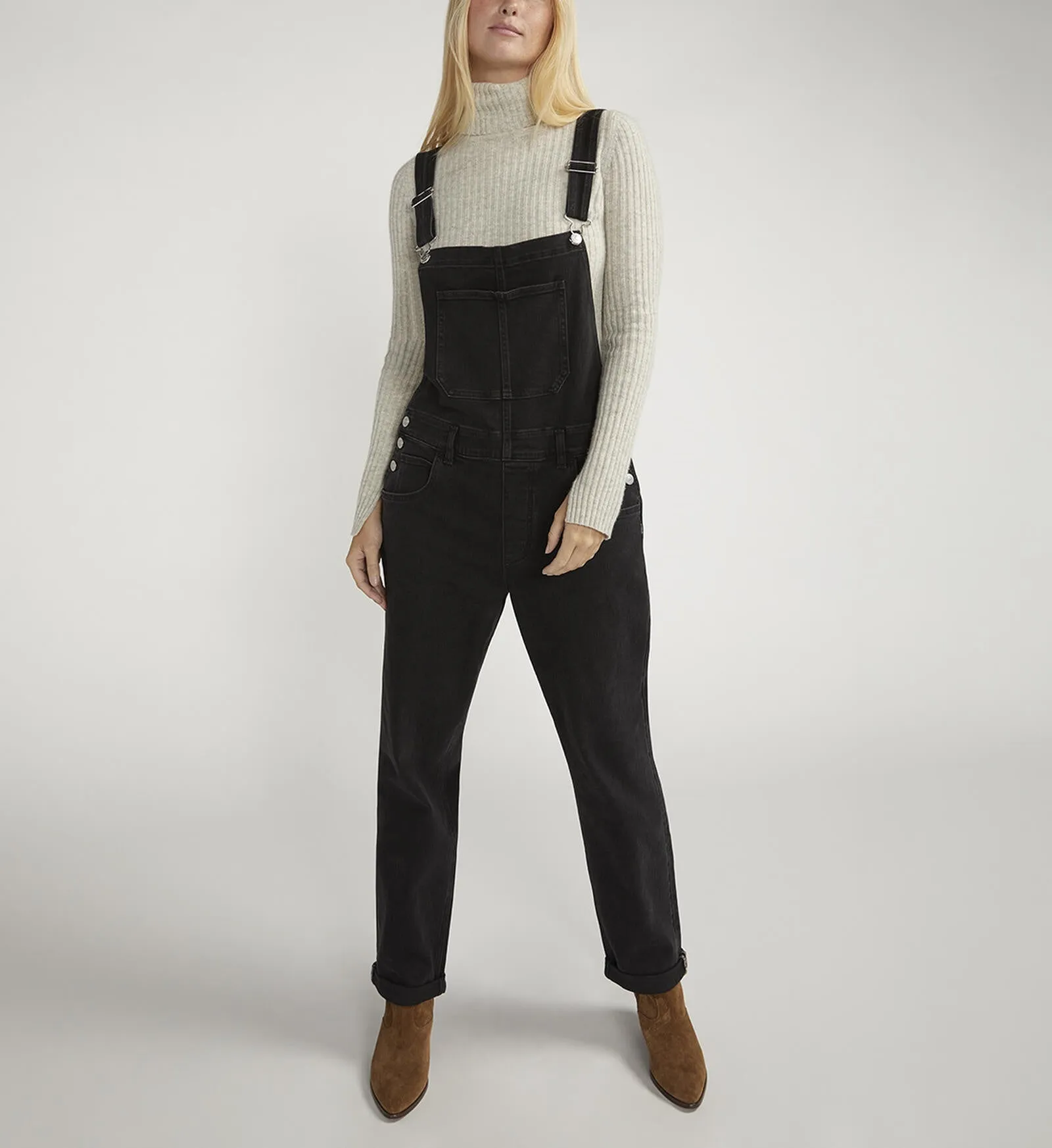 Silver Jeans Women's Baggy Straight Leg Overalls-Black Wash