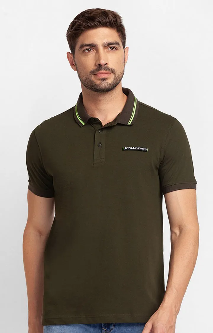 Spykar Rifle Green Cotton Half Sleeve Plain Casual Polo T-Shirt For Men