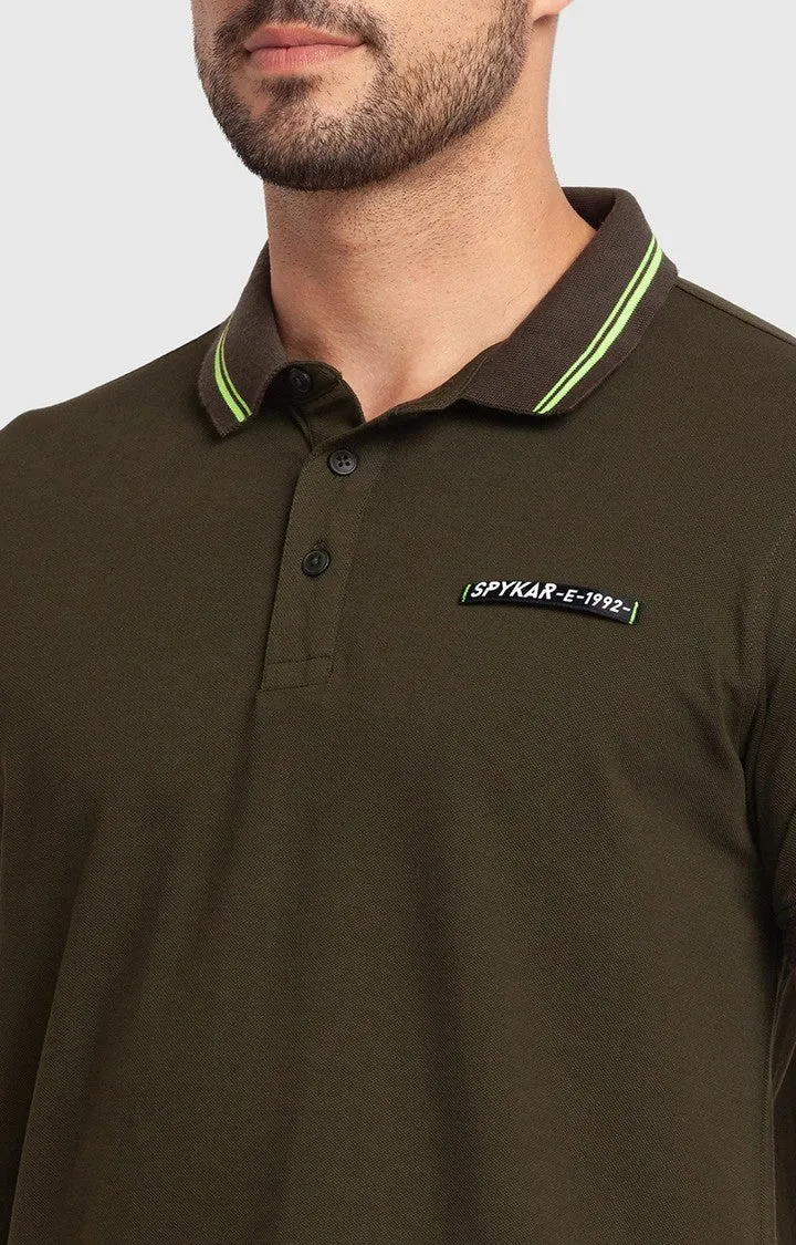 Spykar Rifle Green Cotton Half Sleeve Plain Casual Polo T-Shirt For Men