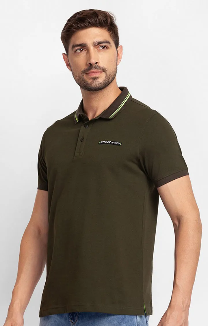 Spykar Rifle Green Cotton Half Sleeve Plain Casual Polo T-Shirt For Men