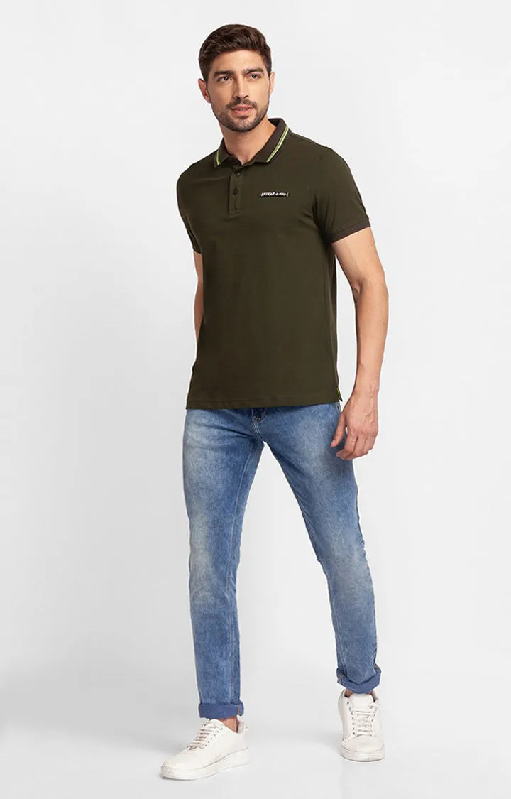 Spykar Rifle Green Cotton Half Sleeve Plain Casual Polo T-Shirt For Men