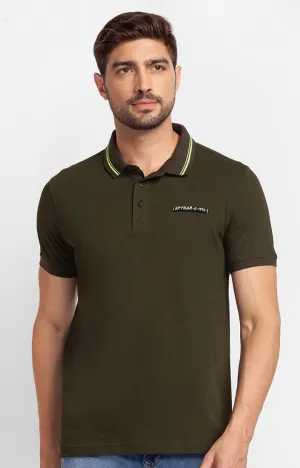 Spykar Rifle Green Cotton Half Sleeve Plain Casual Polo T-Shirt For Men