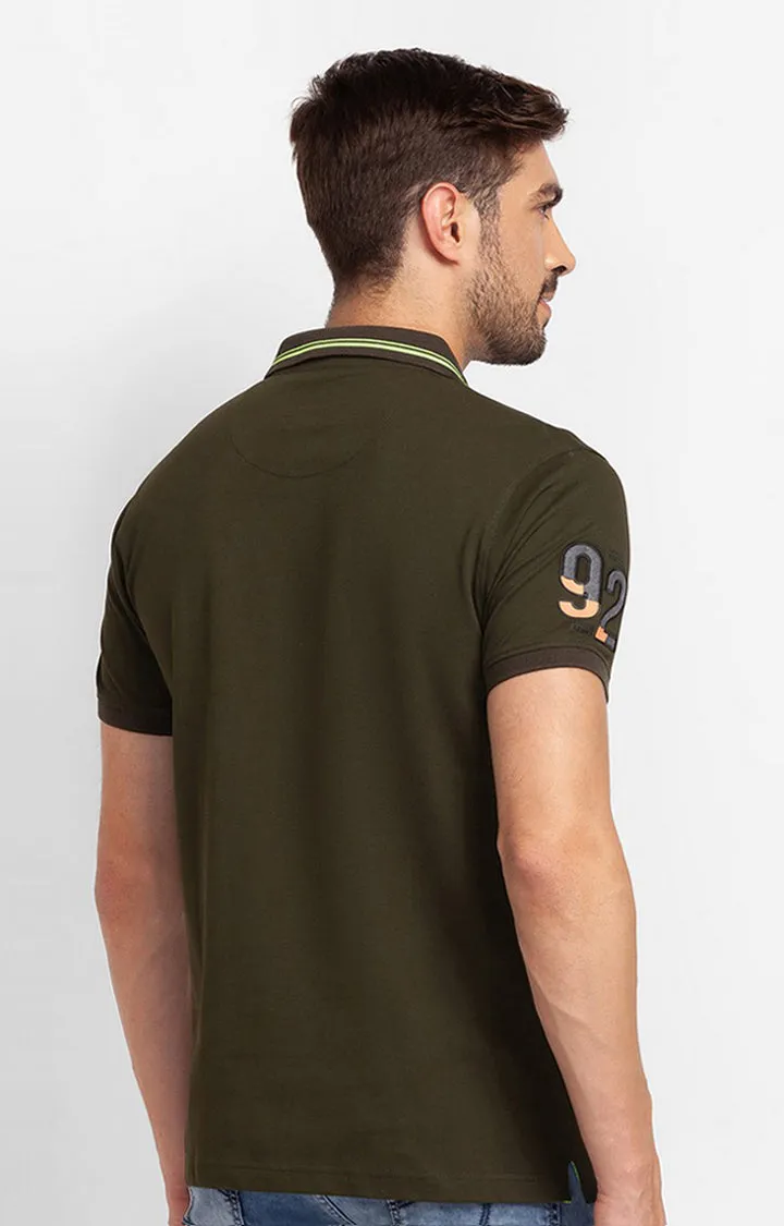 Spykar Rifle Green Cotton Half Sleeve Plain Casual Polo T-Shirt For Men