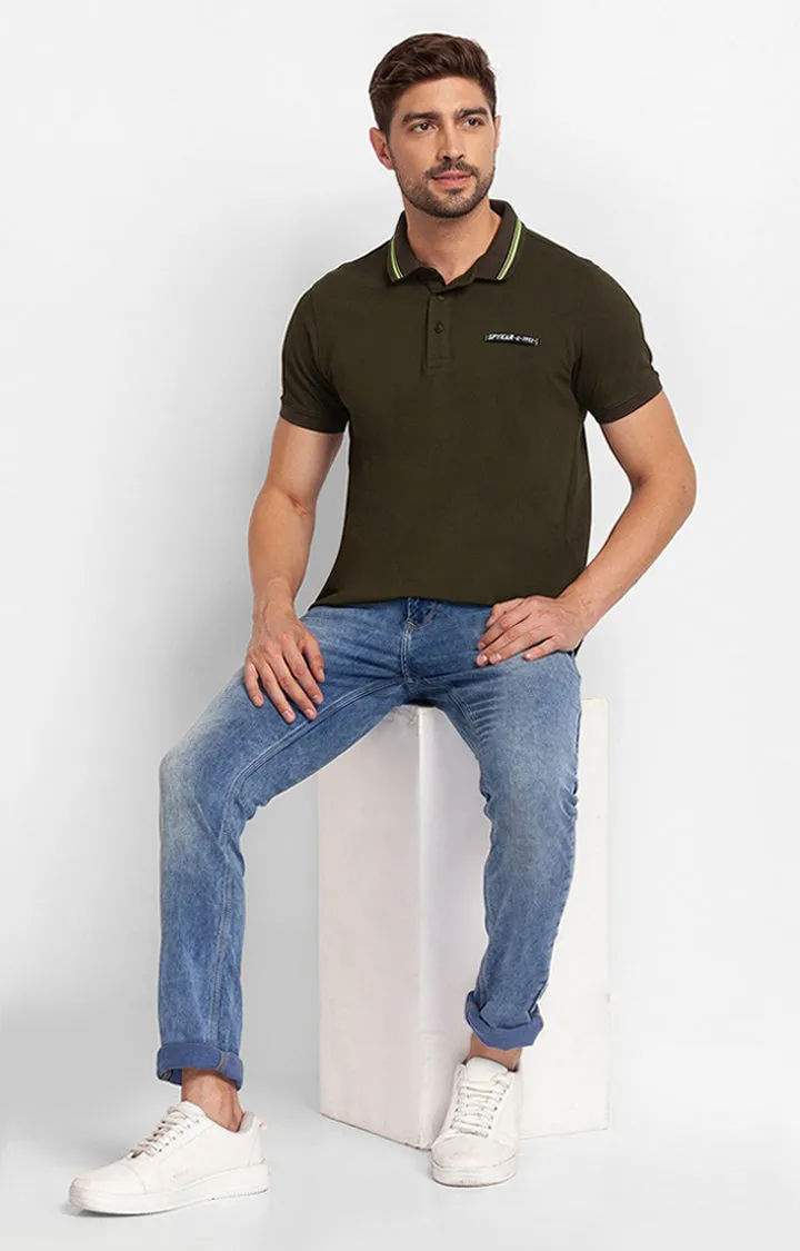 Spykar Rifle Green Cotton Half Sleeve Plain Casual Polo T-Shirt For Men