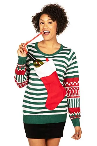 Tipsy Elves Tacky Ugly Christmas Sweater for Women with Attached Stocking from Size: Small