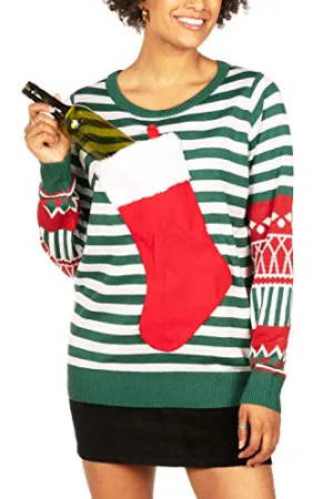Tipsy Elves Tacky Ugly Christmas Sweater for Women with Attached Stocking from Size: Small