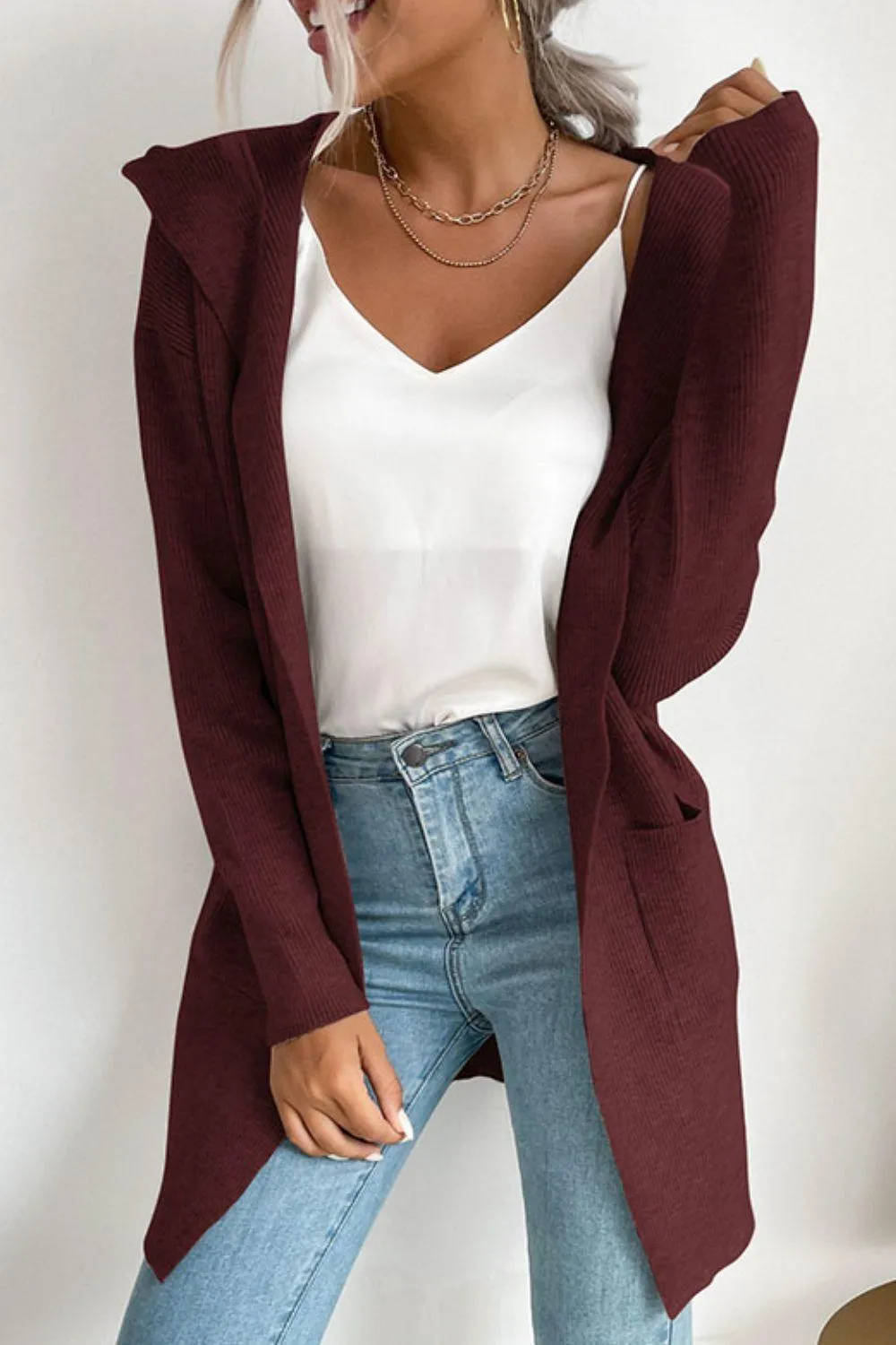 Voicing Oneself Ribbed Hooded Open Front Cardigan