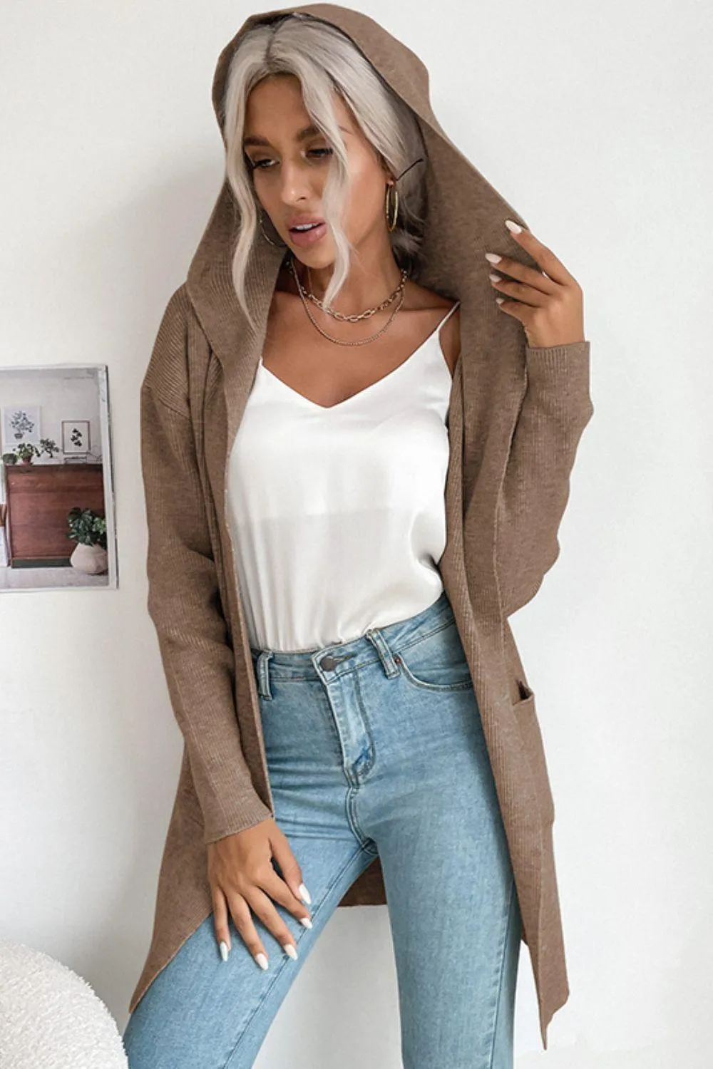 Voicing Oneself Ribbed Hooded Open Front Cardigan