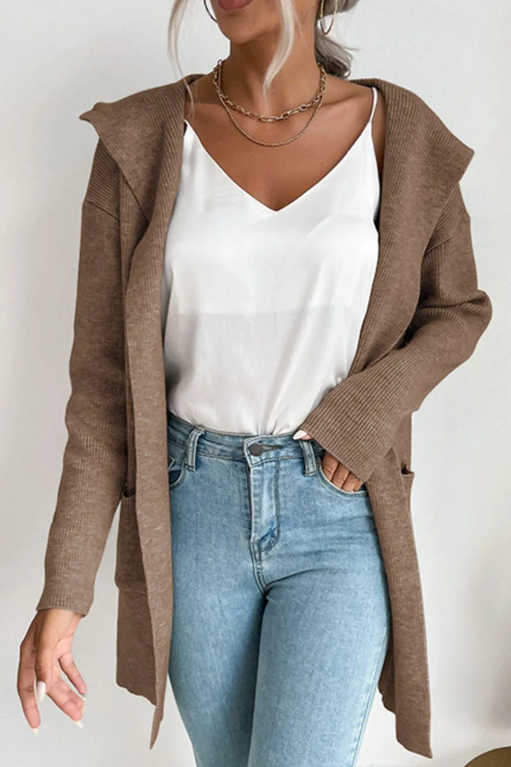 Voicing Oneself Ribbed Hooded Open Front Cardigan