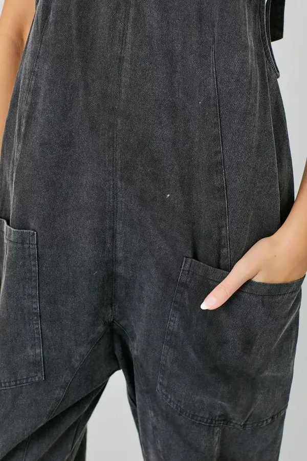 Washed Scoop Black Overalls