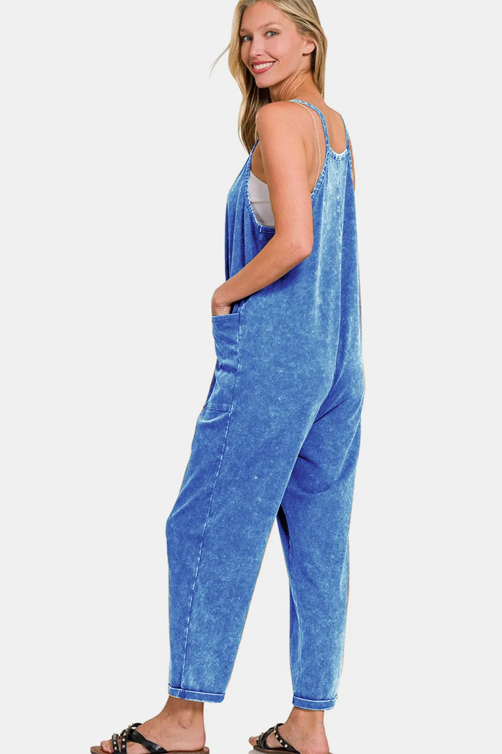 Washed Spaghetti Straps Overalls with Pockets