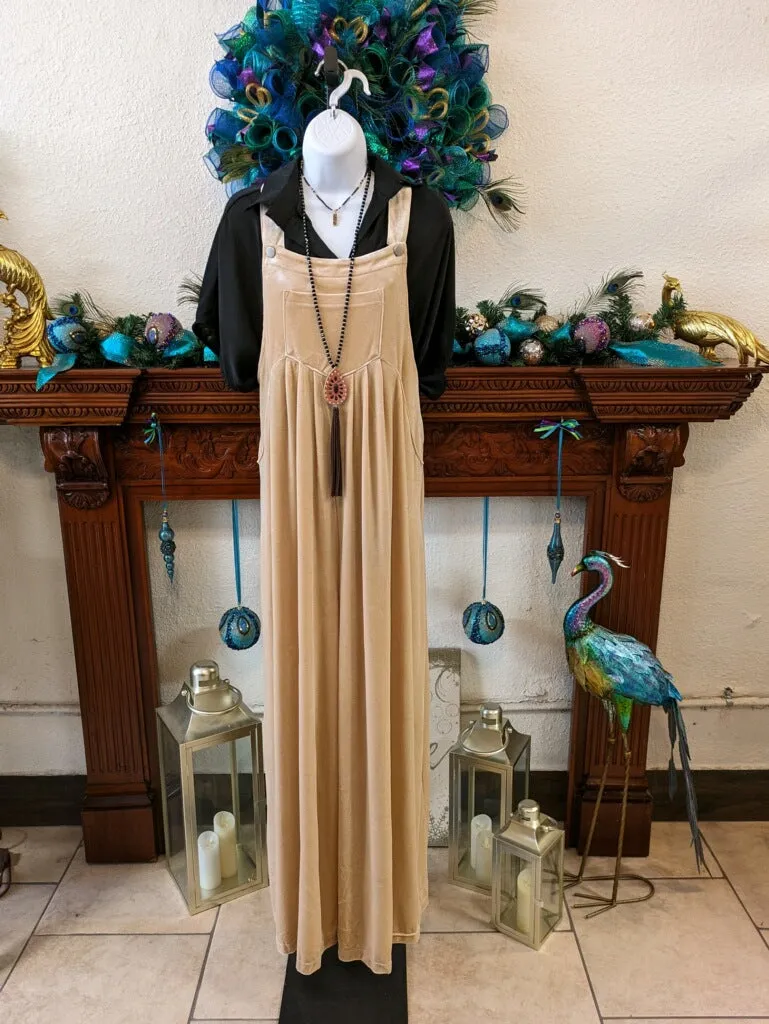 Wide Leg Velvet Overalls - Champagne
