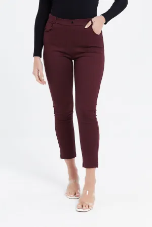 Women Burgundy Plain Trousers