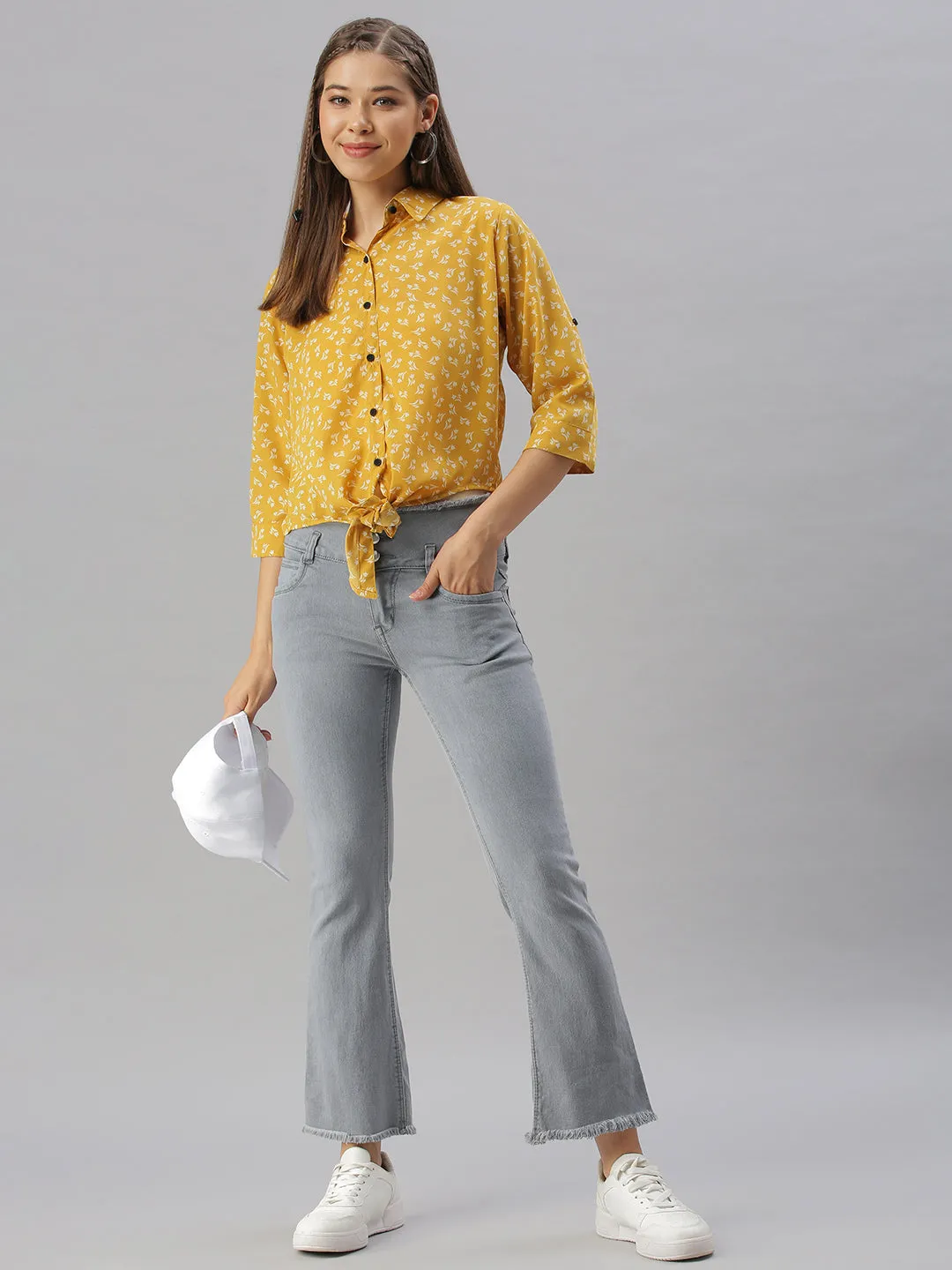 Women Mustard Comfort Regular Fit Floral Printed Casual Shirt