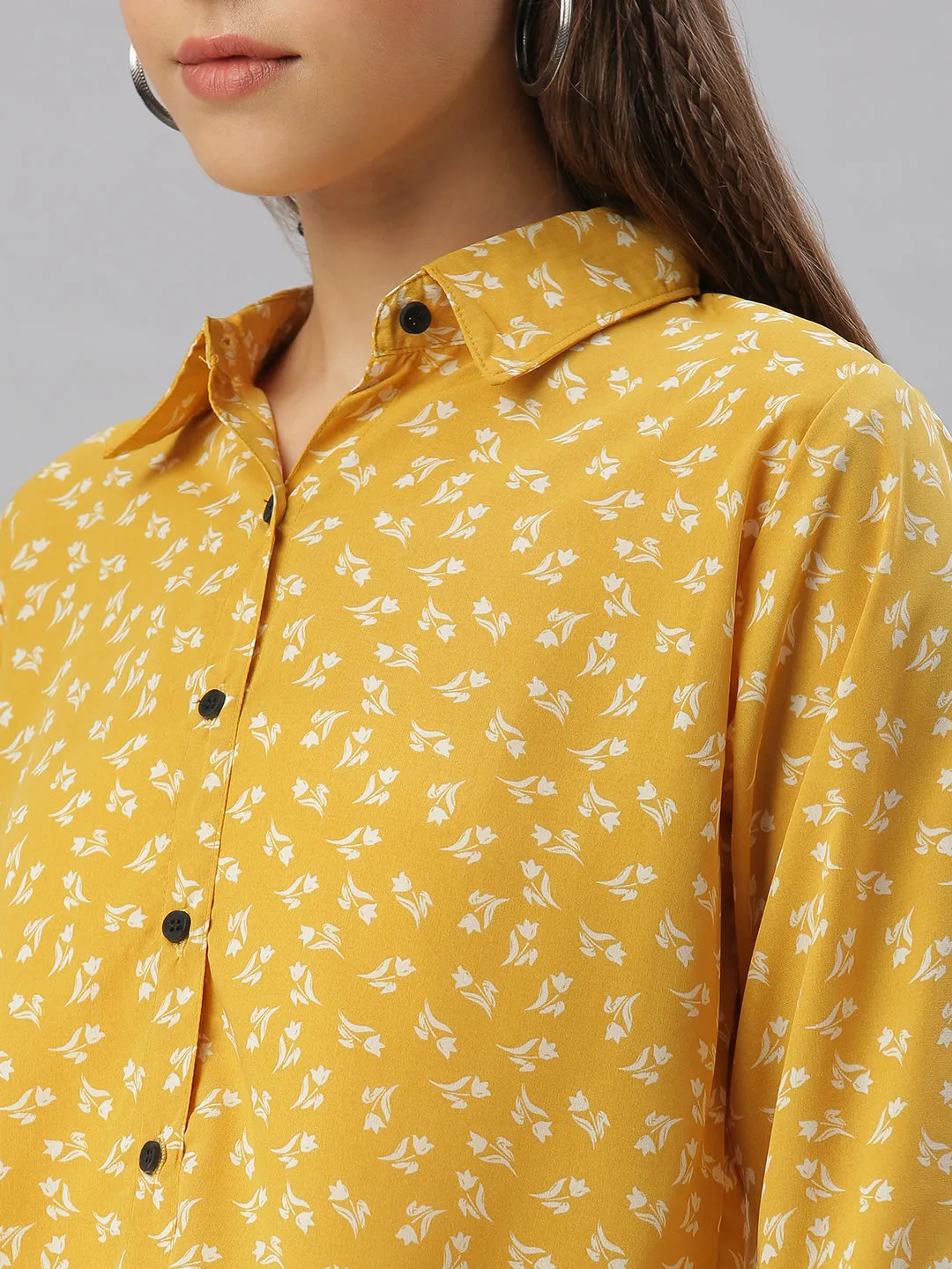 Women Mustard Comfort Regular Fit Floral Printed Casual Shirt