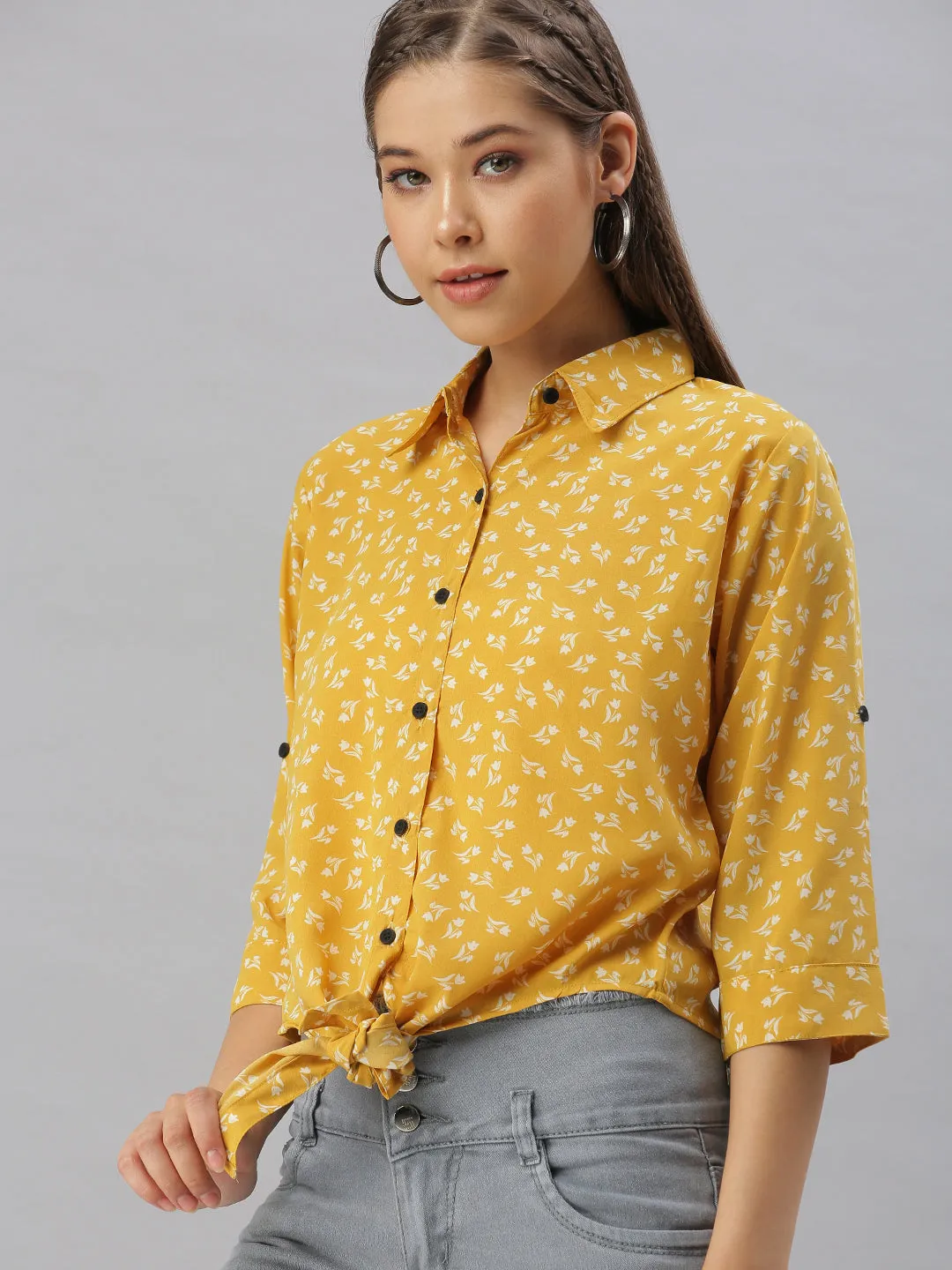 Women Mustard Comfort Regular Fit Floral Printed Casual Shirt