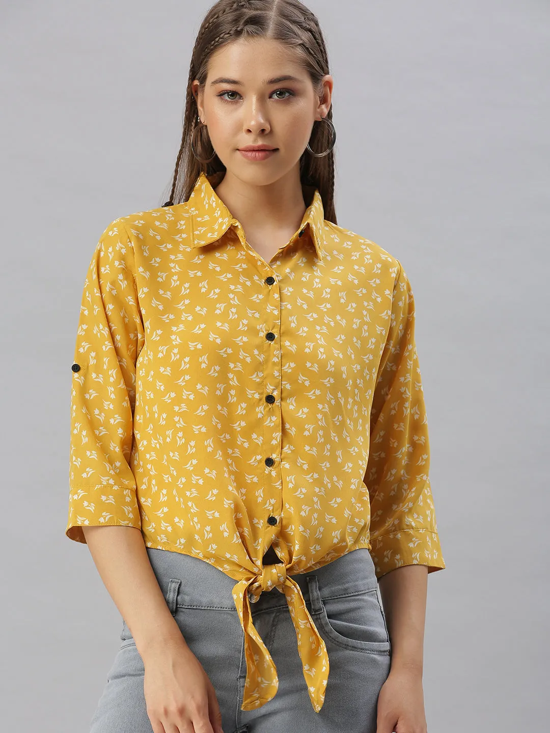 Women Mustard Comfort Regular Fit Floral Printed Casual Shirt