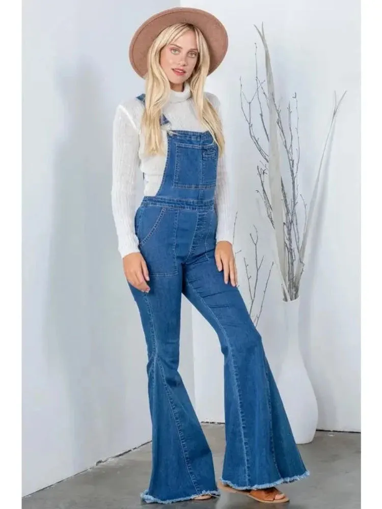 Women's Flare Leg Denim Bib Overalls