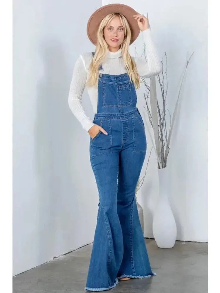 Women's Flare Leg Denim Bib Overalls