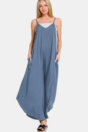 Zenana Dusty Blue Spaghetti Strap Wide Leg Overalls with Pockets