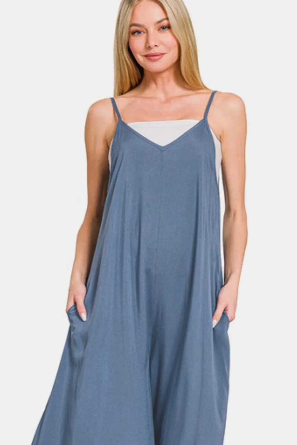 Zenana Dusty Blue Spaghetti Strap Wide Leg Overalls with Pockets
