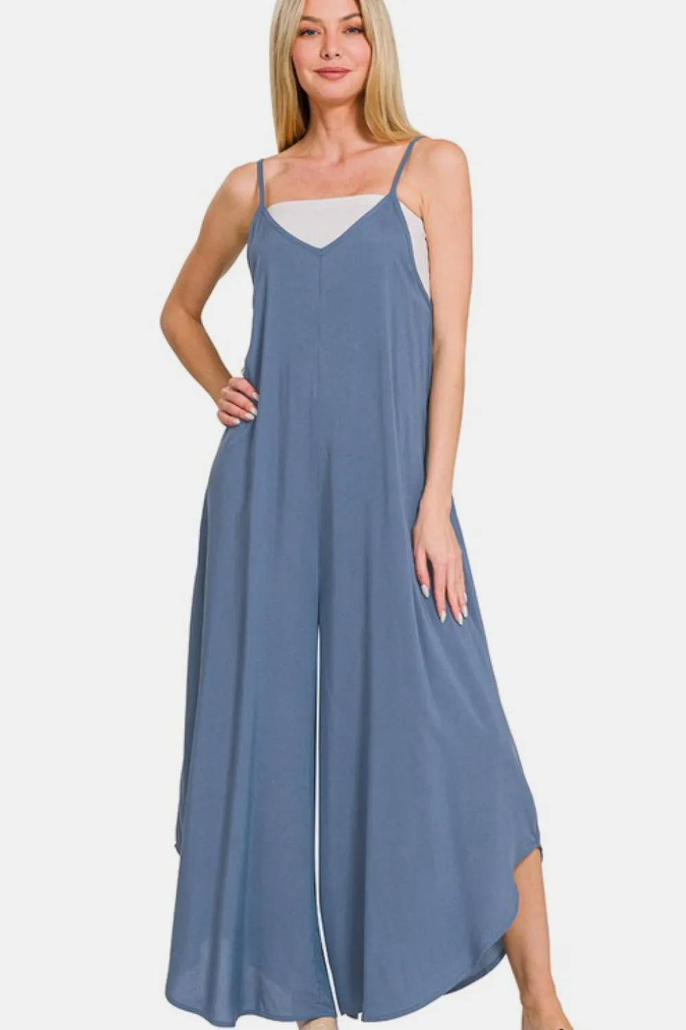 Zenana Dusty Blue Spaghetti Strap Wide Leg Overalls with Pockets